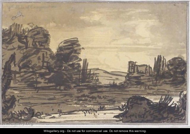 A Classical Landscape With A Tower By A Lake And Mountains Beyond - Alexander Cozens