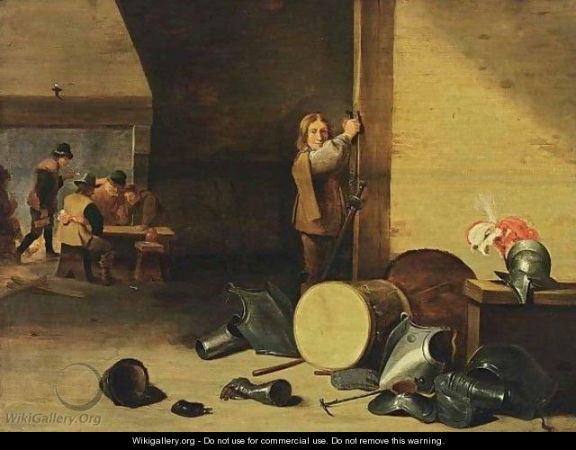 An Interior With A Soldier Laying Off His Sword And Figures Drinking, Smoking And Playing Dice Near A Fire Place, With A Still Life Of Soldiers Garments - (after) David The Younger Teniers