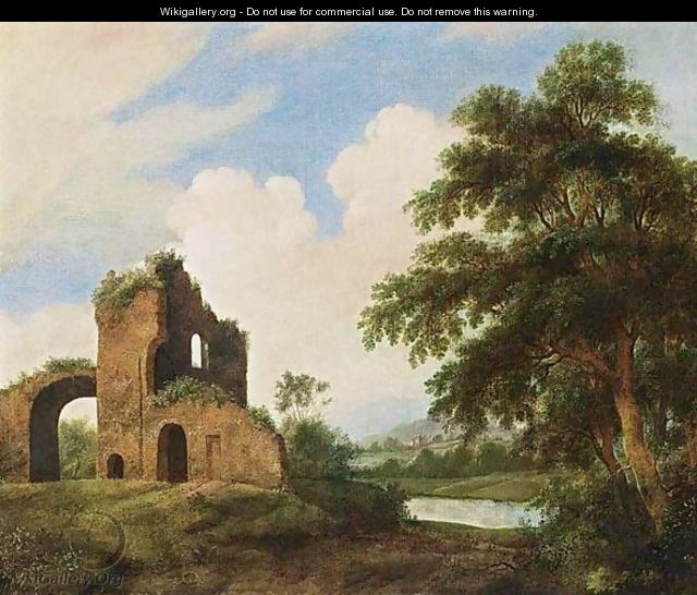 A Wooded River Landscape With Ruins - Dutch School