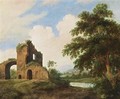 A Wooded River Landscape With Ruins - Dutch School