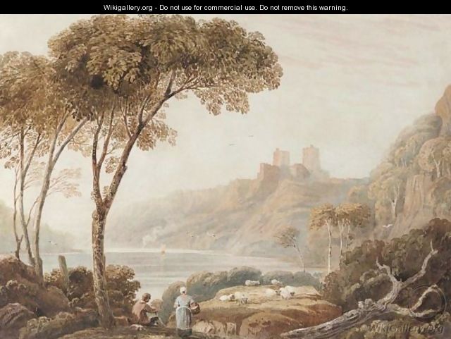 Figures With Sheep By A Lake, A Castle On A Hill Beyond - John Varley