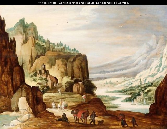 A Mountainous River Landscape With Travellers On A Path In The Foreground - (after) Joos De Momper