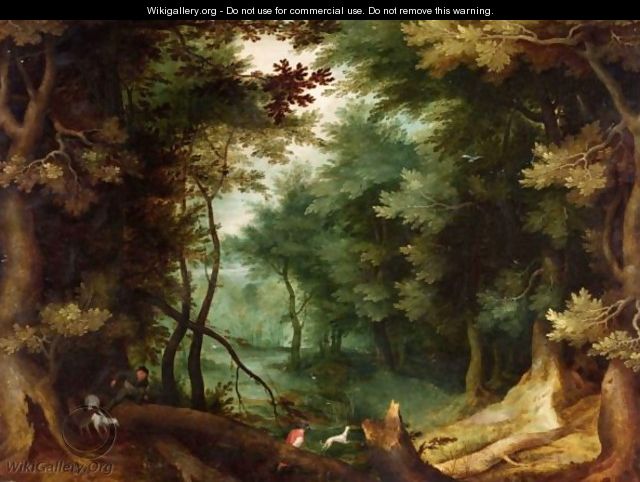 A Wooded Landscape With Hunters And Their Dogs. - (after) Jan The Elder Brueghel