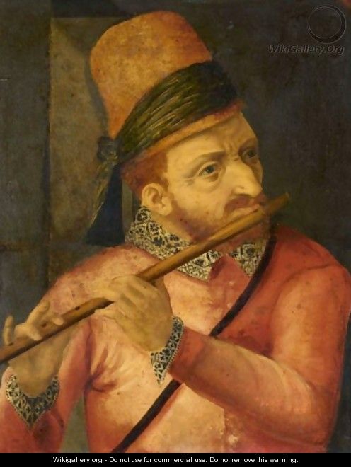 A Man Playing A Flute, Half Length, Wearing A Red Hat And A Red Jacket With Embroidered Collar And Cuffs - South Netherlandish School
