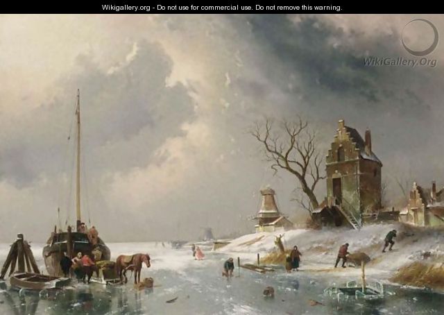 Figures Loading A Horse-Drawn Cart On The Ice - Charles Henri Leickert