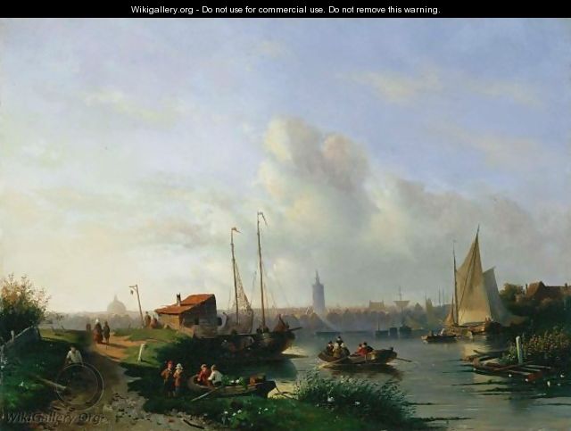 A River Landscape With Figures In Rowing Boats, A Town Beyond - Charles Henri Leickert