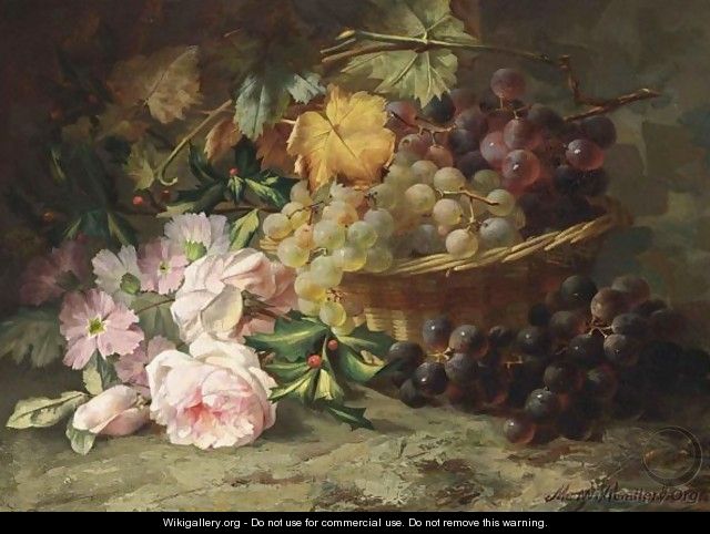 A Still Life With Roses And Grapes - Margaretha Roosenboom
