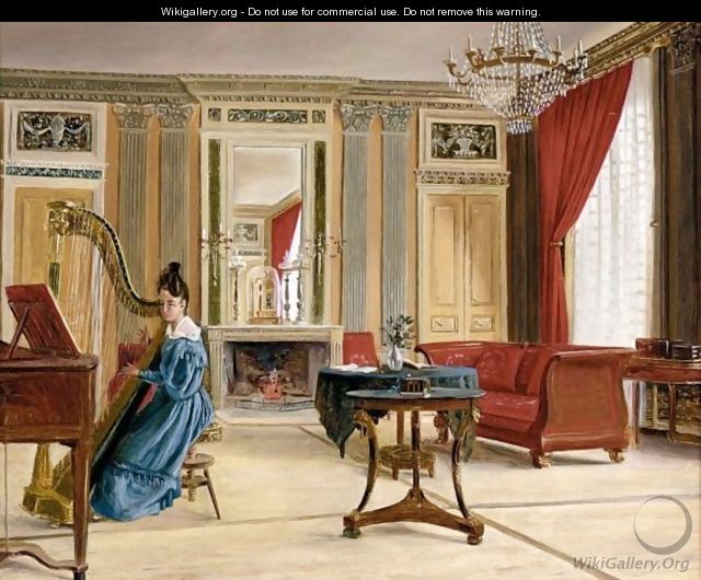 An Interior With A Young Girl Playing A Harp - French School