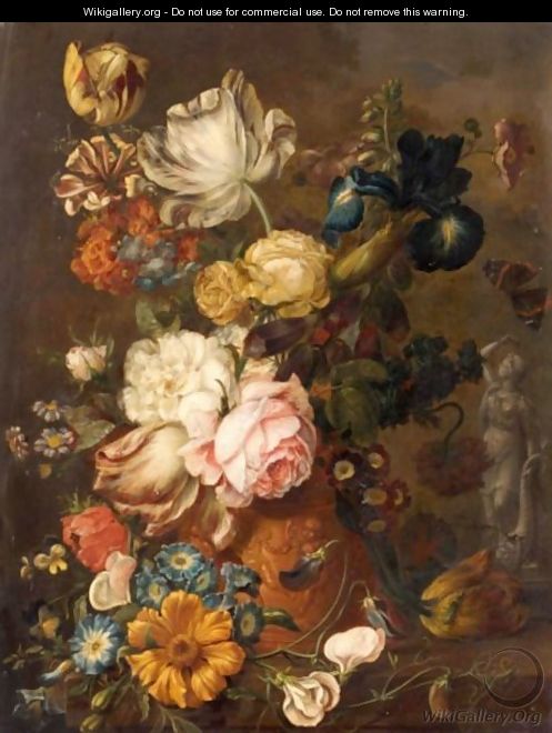 A Still Life With Roses, Irises, Tulips, Primroses, And Various Other Flowers In A Terracotta Urn On A Stone Ledge - (after) Huysum, Jan van