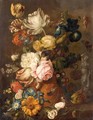 A Still Life With Roses, Irises, Tulips, Primroses, And Various Other Flowers In A Terracotta Urn On A Stone Ledge - (after) Huysum, Jan van