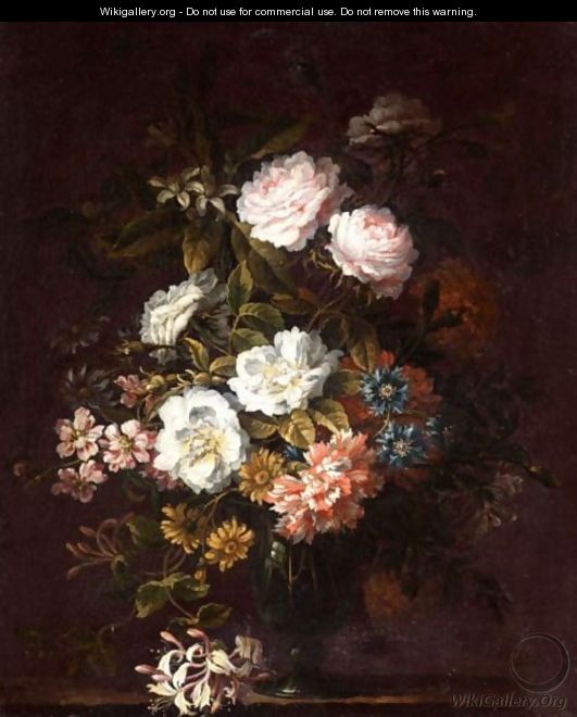 Carnations, Roses And Peonies With Other Flowers In A Glass Set On On A Stone Ledge. - (after) Jean-Baptiste Monnoyer