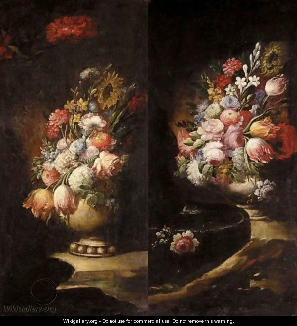 Still Lifes Of Various Flowers In Vases Resting On Flat Stones - (after) Gasparo Lopez