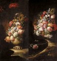 Still Lifes Of Various Flowers In Vases Resting On Flat Stones - (after) Gasparo Lopez