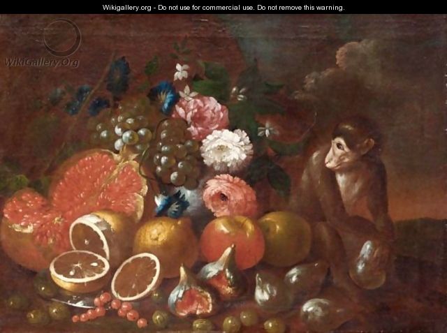 Still Life With A Pomegranate, Grapes, Lemons, Flowers, Apples, Red Currents, Gooseberries, Figs And A Monkey - German School