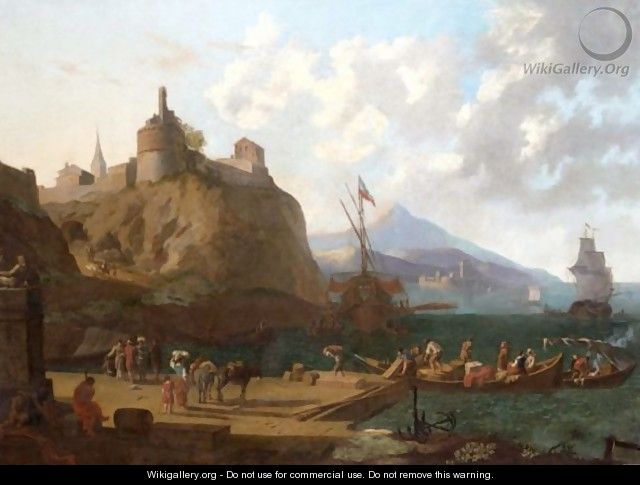 A Mediterranean Harbour Scene With Numerous Figures On A Quay Beneath A Fort - (after) Adriaen Van Der Cabel