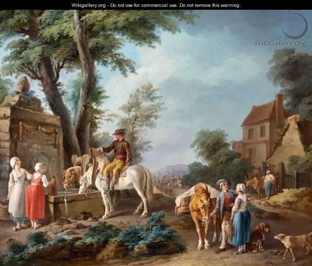 Landscape With Horses Being Watered At A Fountain - French School