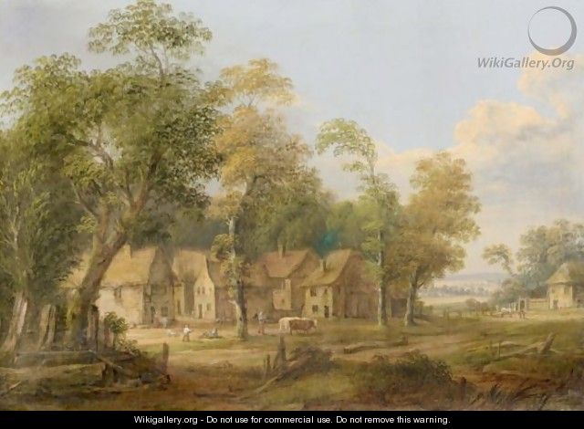 A Landscape With A Hamlet On The Edge Of A Wood, With A Family Playing Outside A House And A Drover Walking Past With A Cow - German School