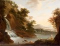 An Italianate Landscape With Drovers Beside A Waterfall - Martinus De La Court