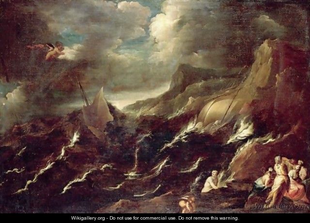 A Stormy Seascape With Ships Being Wrecked Off A Rocky Coast With Mercury And Cupid And Other Figures In The Foreground - North-Italian School