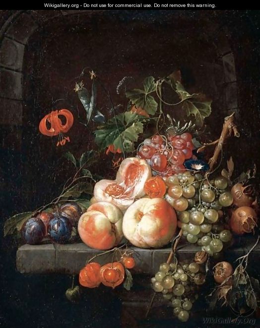 A Still Life Of Peaches, Plums, Grapes And Other Fruits On A Stone Ledge. - Cornelis De Heem