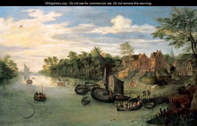 A River Landscape With A Ferry And Small Sailing Vessels Moored Before A Village - Jan, the Younger Brueghel