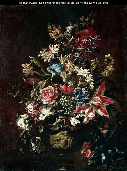 A Still Life Of Carnations, Lilies, Peonies, Irises And Other Flowers In Stone Urn On A Pedestal - dei Fiori (Nuzzi) Mario