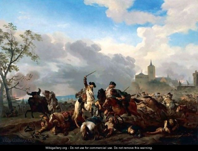 A Battle Scene With Cavalry Skirmishing Before A Walled Town - Jan von Huchtenburgh