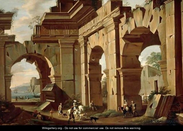 An Architectural Capriccio, With A Huntsman And Riders Among Ruined Arches - Viviano Codazzi
