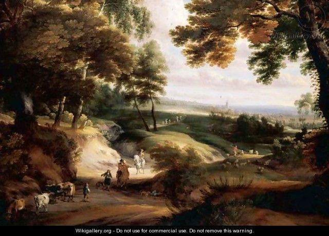 A Wooded Landscape With Huntsmen, Drovers And Cattle On A Track In The Foreground, A Church In The Distance - Jaques D