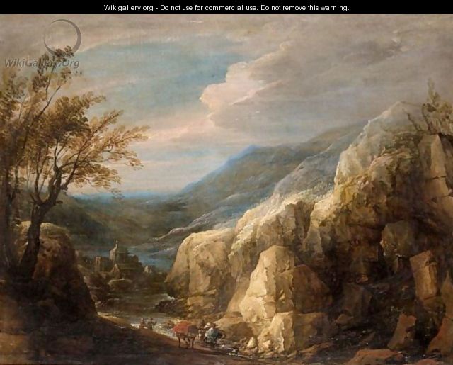 An Extensive Mountianous Landscape With Figures And A Donkey Beside A River - (after) Lodewijk De Vadder