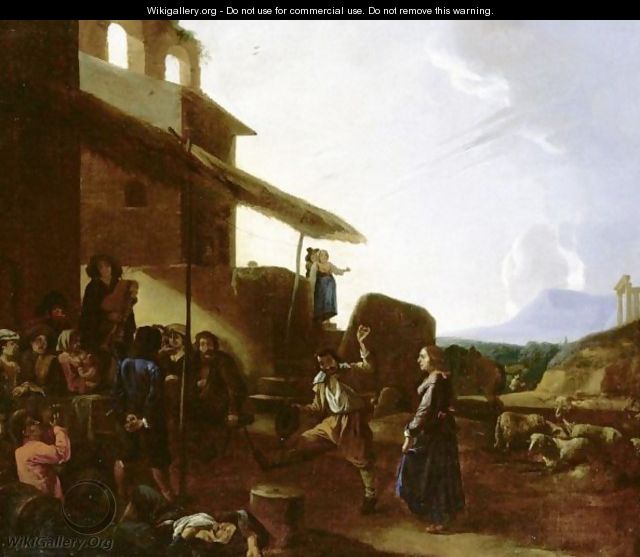 Roman Street Scene With Figures Dancing And Drinking Outside A Tavern - (after) Michaelanglo Cerquozzi