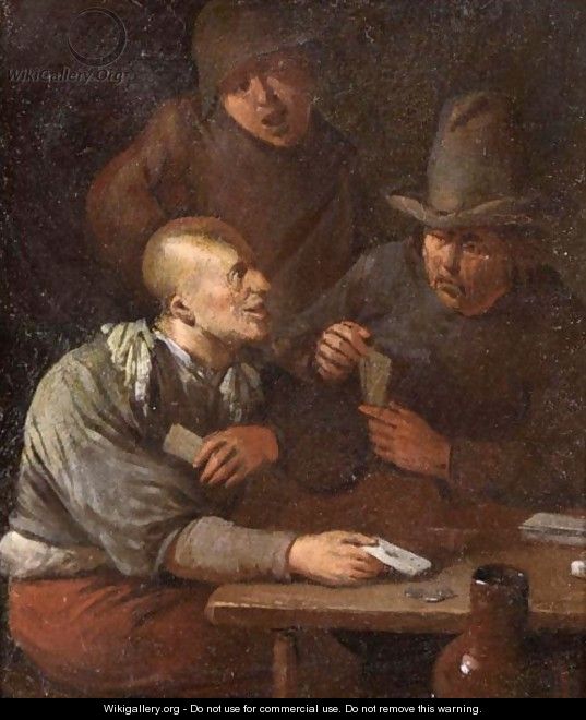 An Interior With Two Boors Playing Cards, Another Standing Behind - Egbert van, the Younger Heemskerck