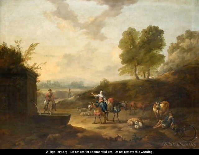 An Italianate Landscape With Drovers Watering Their Animals At A Well - J. Tillemans