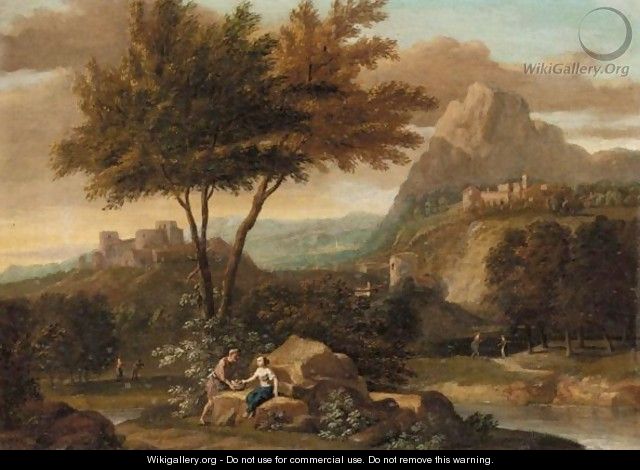 An Italianate River Landscape With A Man And A Woman Conversing In The Foreground. - (after) Aelbert Meyeringh