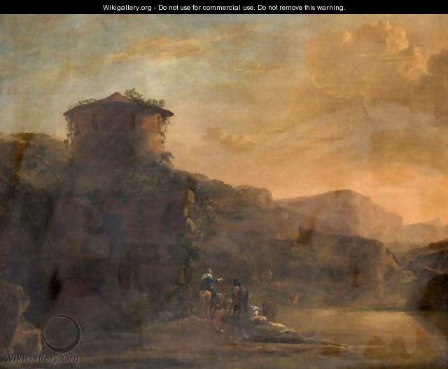 An Italianate Landscape With Travellers And A Cattle Crossing A River At Sunset - (after) Jan Asselijn