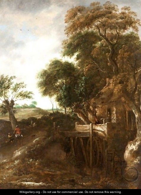A Wooded River Landscape With A Mill And A Cavalier Giving Alms To A Beggar - Roelof Jansz. Van Vries