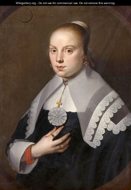Portrait Of A Young Girl, Half Length, Wearing A Black Dress And A White Ruff And A Coral Bracelet - Dutch School