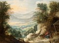 An Extensive Mountainous Landscape With Two Hermits Reading In The Foreground - (after) Joos De Momper