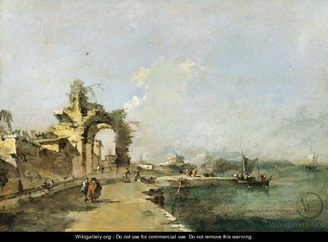 A Venetian Capriccio Of The Lagoon With Figures And A Ruined Arch Beyond - Francesco Guardi