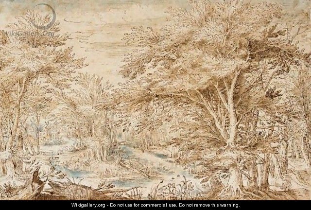 Heavily Wooded Landscape With A Distant Castle By A Stream - Denys Van Alsloot