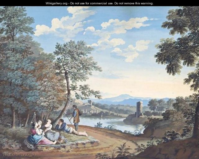 A Landscape With Figures Resting By A River, A Tower To The Right And Buildings In The Background - Giovanni Battista Busiri