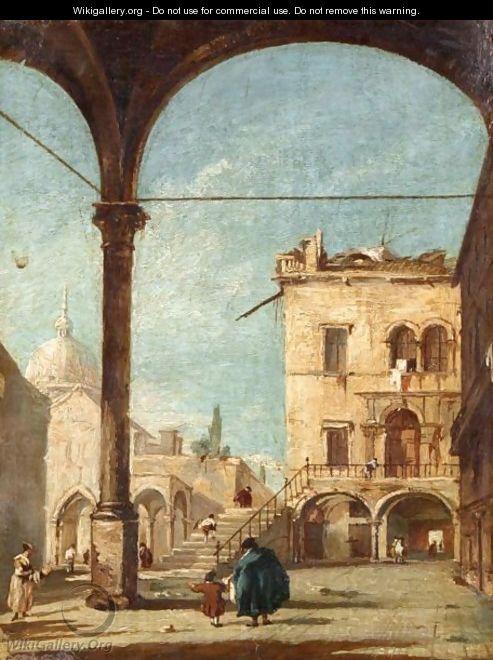 A Venetian Capriccio With Figures Standing Under A Loggia And A Chapel Beyond - (after) Francesco Guardi