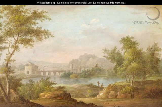 A River Landscape With Fishermen And A Bridge Beyond - (after) Peter Von Bemmel