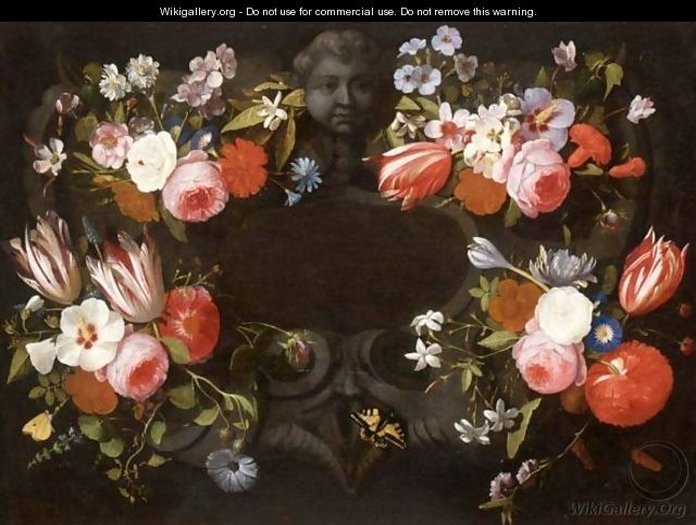 Bouquets Of Mixed Flowers Decorating A Feigned Stone Cartouche, With Butterflies - Gaspar Peeter The Elder Verbruggen