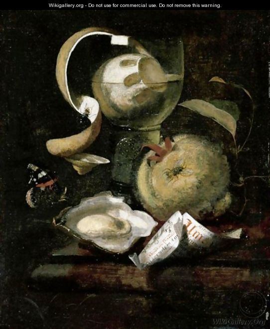 Still Life Of A Peeled Lemon In A Roemer, An Apple, Paper, Oyster And Butterfly On A Ledge - Marten Nellius