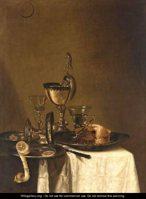 Still Life Of A Nautilus Cup, An Overturned Tazza, A Partially Eaten Pie In A Pewter Bowl And A Knife, Together With Two Wine Glasses, And Olives And A Peeled Lemon In Pewter Dishes, All Arranged Upon A Table Top Partly Draped With A White Cloth - (after) Willem Claesz. Heda
