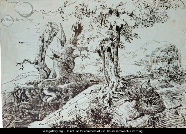Rugged Moonlit Landscape, With A Woman Seated By Gnarled Tree-Roots, And An Owl On A Dead Tree-Trunk - Ludwig Emil Grimm