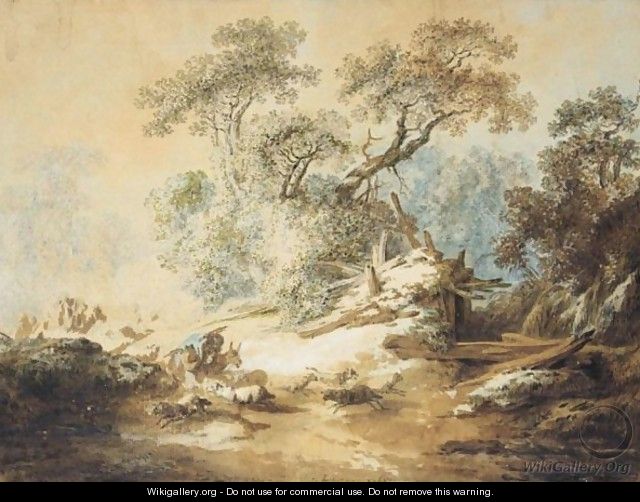 Wooded Autumn Landscape With Shepherds And Their Flock - Jean-Baptiste Huet