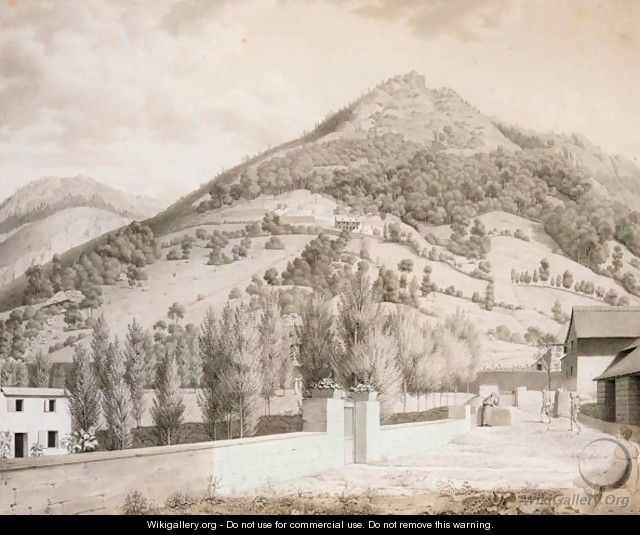 A View Of An Alpine Village With Figures, A Lady Holding A Hat Seated In The Foreground To The Left - German School
