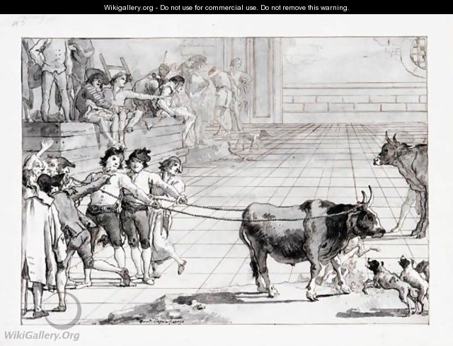 Scene In A Venetian Campo Two Young Men Holding A Bull, Roped By Its Horns, With Dogs And Other Figures Around Them - Giovanni Domenico Tiepolo